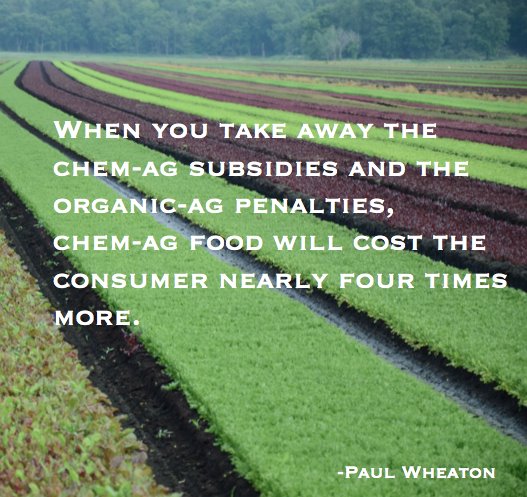 when you take away the chem-ag subsidies and the organic-ag penalties, chem-ag food will cost the consumer nearly four times more